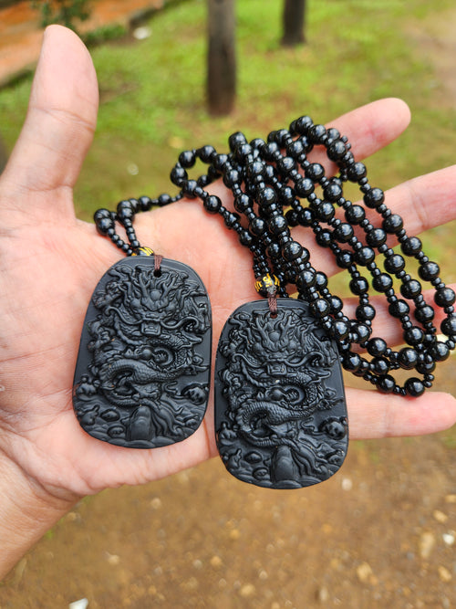 Black Obsidian Dragon Pendant with Obsidian Bead Mala: A Powerful Talisman for Protection and Transformation