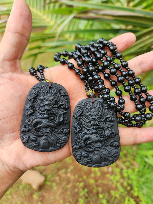Black Obsidian Dragon Pendant with Obsidian Bead Mala: A Powerful Talisman for Protection and Transformation