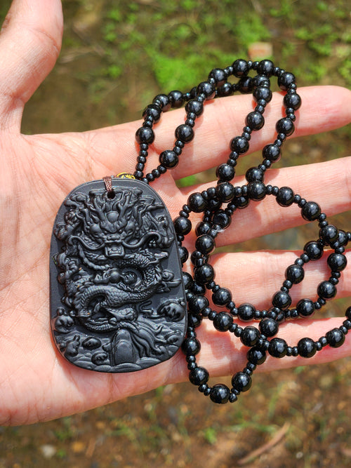 Black Obsidian Dragon Pendant with Obsidian Bead Mala: A Powerful Talisman for Protection and Transformation