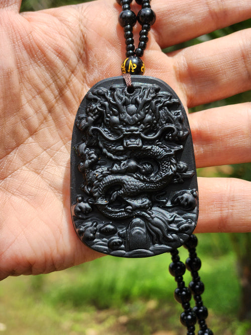 Black Obsidian Dragon Pendant with Obsidian Bead Mala: A Powerful Talisman for Protection and Transformation