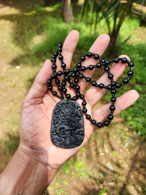 Black Obsidian Dragon Pendant with Obsidian Bead Mala: A Powerful Talisman for Protection and Transformation