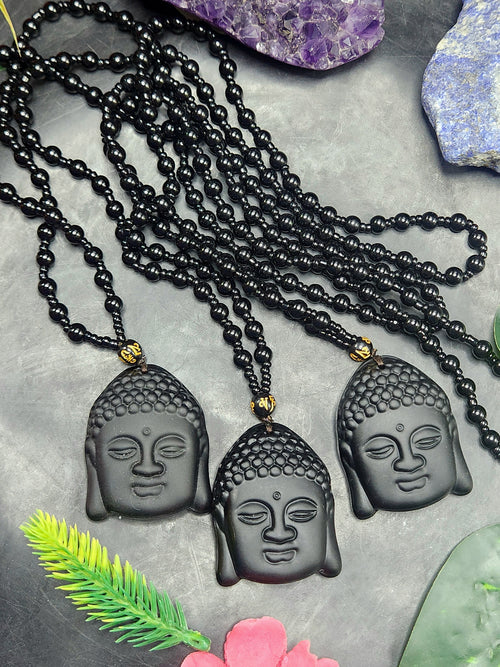 Black Obsidian Lord Buddha Face Pendant with Obsidian Bead Mala – A Symbol of Peace, Protection, and Prosperity | Gemstone Mala | Birthday Gift | Valentine gift | Mother's Day gift | ONE PEICE ONLY