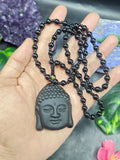 Black Obsidian Lord Buddha Face Pendant with Obsidian Bead Mala – A Symbol of Peace, Protection, and Prosperity | Gemstone Mala | Birthday Gift | Valentine gift | Mother's Day gift | ONE PEICE ONLY