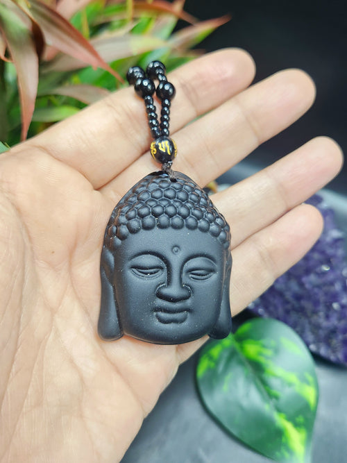 Black Obsidian Lord Buddha Face Pendant with Obsidian Bead Mala – A Symbol of Peace, Protection, and Prosperity | Gemstone Mala | Birthday Gift | Valentine gift | Mother's Day gift | ONE PEICE ONLY