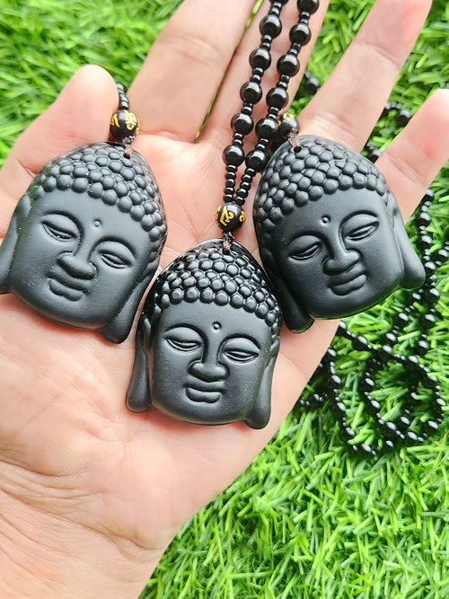 Black Obsidian Lord Buddha Face Pendant with Obsidian Bead Mala – A Symbol of Peace, Protection, and Prosperity | Gemstone Mala | Birthday Gift | Valentine gift | Mother's Day gift | ONE PEICE ONLY