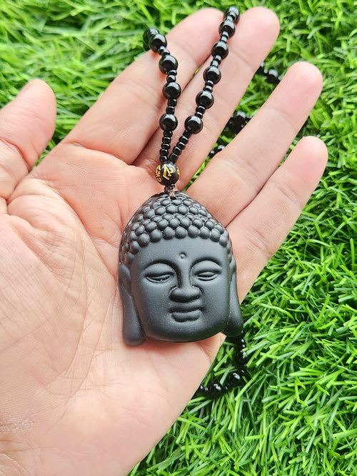 Black Obsidian Lord Buddha Face Pendant with Obsidian Bead Mala – A Symbol of Peace, Protection, and Prosperity | Gemstone Mala | Birthday Gift | Valentine gift | Mother's Day gift | ONE PEICE ONLY