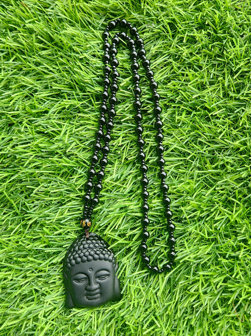 Black Obsidian Lord Buddha Face Pendant with Obsidian Bead Mala – A Symbol of Peace, Protection, and Prosperity | Gemstone Mala | Birthday Gift | Valentine gift | Mother's Day gift | ONE PEICE ONLY