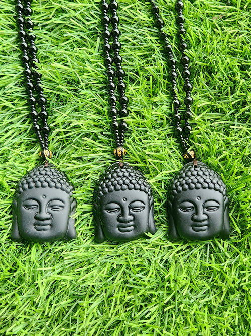 Black Obsidian Lord Buddha Face Pendant with Obsidian Bead Mala – A Symbol of Peace, Protection, and Prosperity | Gemstone Mala | Birthday Gift | Valentine gift | Mother's Day gift | ONE PEICE ONLY