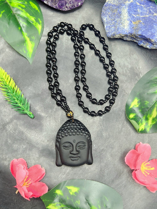 Black Obsidian Lord Buddha Face Pendant with Obsidian Bead Mala – A Symbol of Peace, Protection, and Prosperity | Gemstone Mala | Birthday Gift | Valentine gift | Mother's Day gift | ONE PEICE ONLY