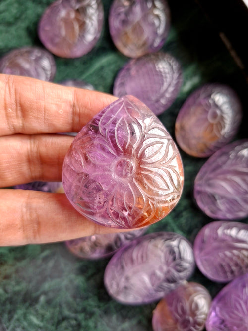 Ametrine Floral Carved Tear Drop Shape Gemstone for Pendant or Jewelry Making – Awaken Creativity and Intuition with Grace and Purpose