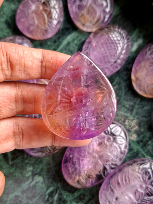 Ametrine Floral Carved Tear Drop Shape Gemstone for Pendant or Jewelry Making – Awaken Creativity and Intuition with Grace and Purpose