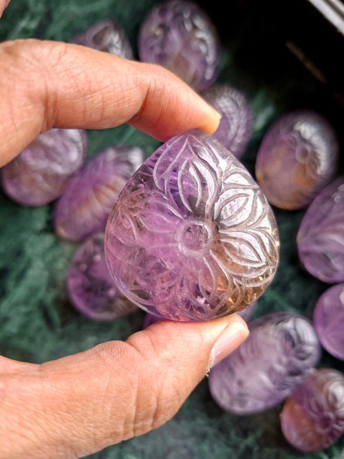 Ametrine Floral Carved Tear Drop Shape Gemstone for Pendant or Jewelry Making – Awaken Creativity and Intuition with Grace and Purpose