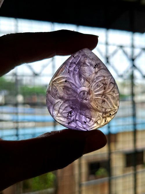 Ametrine Floral Carved Tear Drop Shape Gemstone for Pendant or Jewelry Making – Awaken Creativity and Intuition with Grace and Purpose