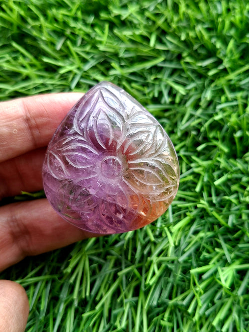 Ametrine Floral Carved Tear Drop Shape Gemstone for Pendant or Jewelry Making – Awaken Creativity and Intuition with Grace and Purpose