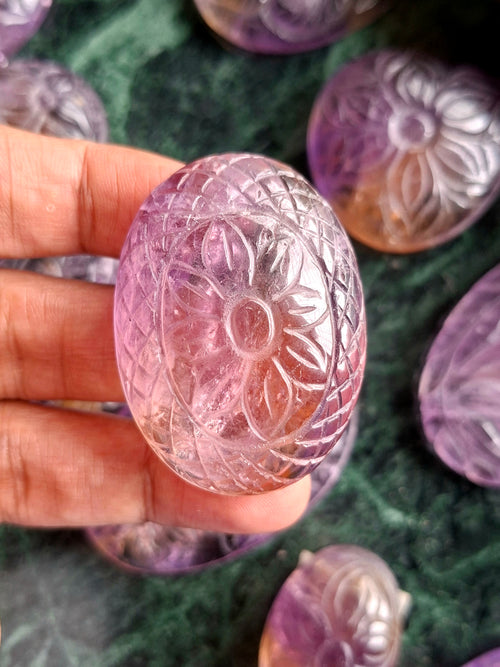 Ametrine Floral Carved Oval Shape Pendant – An Exquisite Blend of Beauty, Creativity and Spiritual Power | Weight: 34 gms