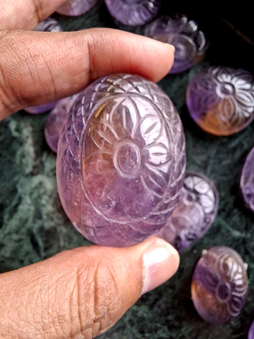 Ametrine Floral Carved Oval Shape Pendant – An Exquisite Blend of Beauty, Creativity and Spiritual Power | Weight: 34 gms