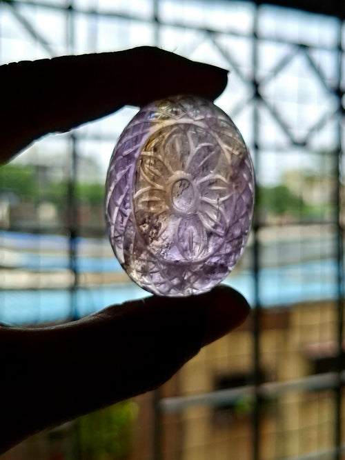 Ametrine Floral Carved Oval Shape Pendant – An Exquisite Blend of Beauty, Creativity and Spiritual Power | Weight: 34 gms