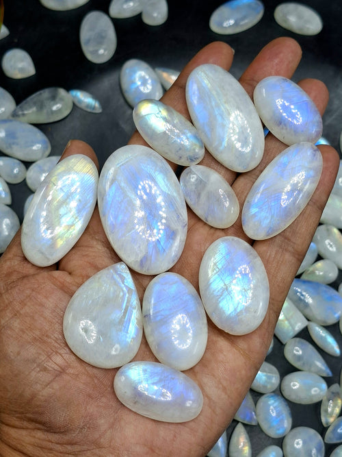 Rainbow Moonstone Flashy Cabochons Lot of 130 Pieces – High Quality Gemstones for Jewelry Making, Healing Crystal for Calm Mind & Protection | Loose Gemstone
