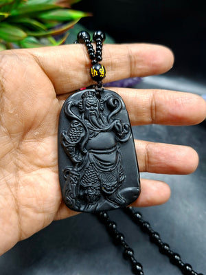 Black Obsidian Necklace with Pendant of Guan Yu – Spiritual Beaded Mala for Calm Mind, Success & Corporate Growth