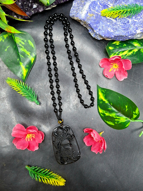 Black Obsidian Necklace with Pendant of Guan Yu – Spiritual Beaded Mala for Calm Mind, Success & Corporate Growth