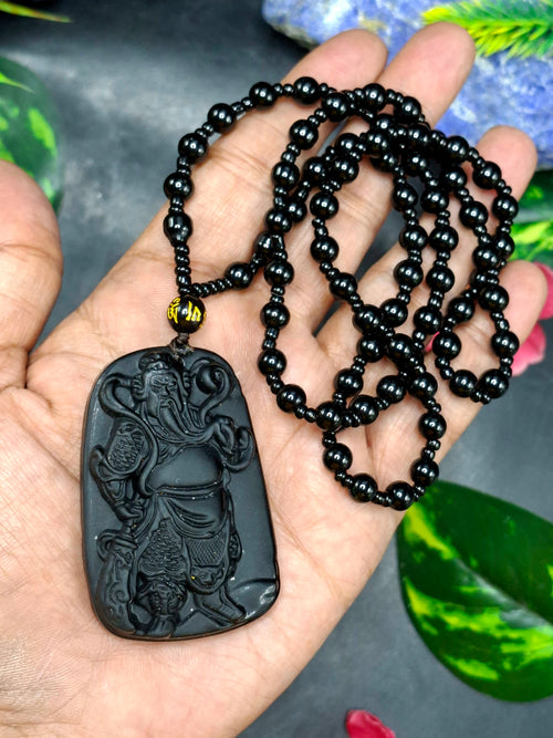 Black Obsidian Necklace with Pendant of Guan Yu – Spiritual Beaded Mala for Calm Mind, Success & Corporate Growth