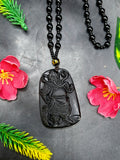 Black Obsidian Necklace with Pendant of Guan Yu – Spiritual Beaded Mala for Calm Mind, Success & Corporate Growth