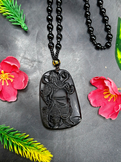 Black Obsidian Necklace with Pendant of Guan Yu – Spiritual Beaded Mala for Calm Mind, Success & Corporate Growth