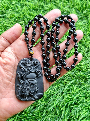 Black Obsidian Necklace with Pendant of Guan Yu – Spiritual Beaded Mala for Calm Mind, Success & Corporate Growth