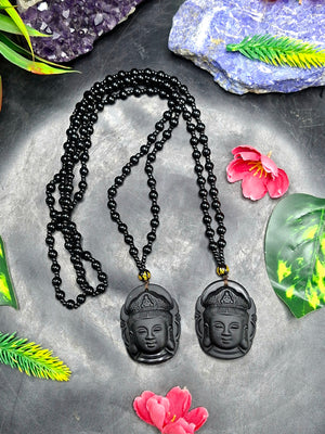 Black Obsidian Bodhisattva Pendant with Obsidian Bead Mala: A Spiritual Symbol of Compassion and Protection | ONE PEICE ONLY