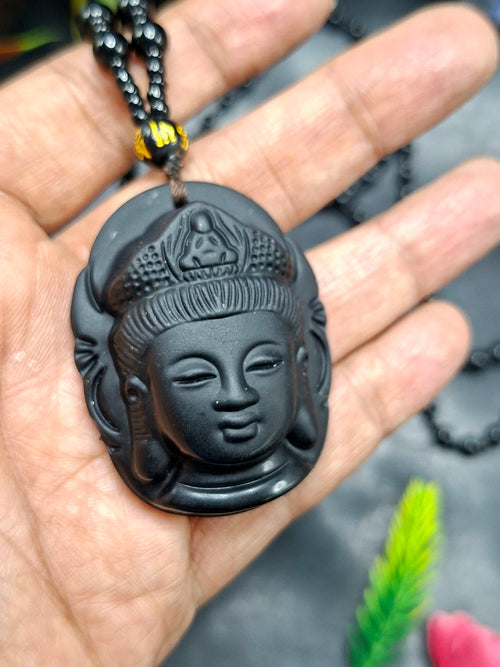 Black Obsidian Bodhisattva Pendant with Obsidian Bead Mala: A Spiritual Symbol of Compassion and Protection | ONE PEICE ONLY