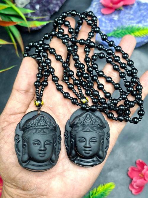 Black Obsidian Bodhisattva Pendant with Obsidian Bead Mala: A Spiritual Symbol of Compassion and Protection | ONE PEICE ONLY