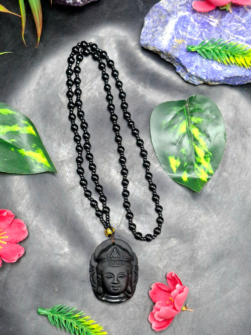 Black Obsidian Bodhisattva Pendant with Obsidian Bead Mala: A Spiritual Symbol of Compassion and Protection | ONE PEICE ONLY