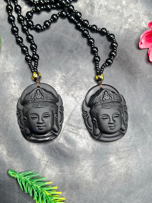 Black Obsidian Bodhisattva Pendant with Obsidian Bead Mala: A Spiritual Symbol of Compassion and Protection | ONE PEICE ONLY