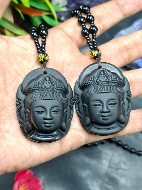 Black Obsidian Bodhisattva Pendant with Obsidian Bead Mala: A Spiritual Symbol of Compassion and Protection | ONE PEICE ONLY
