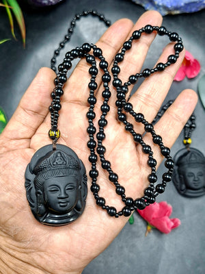 Black Obsidian Bodhisattva Pendant with Obsidian Bead Mala: A Spiritual Symbol of Compassion and Protection | ONE PEICE ONLY