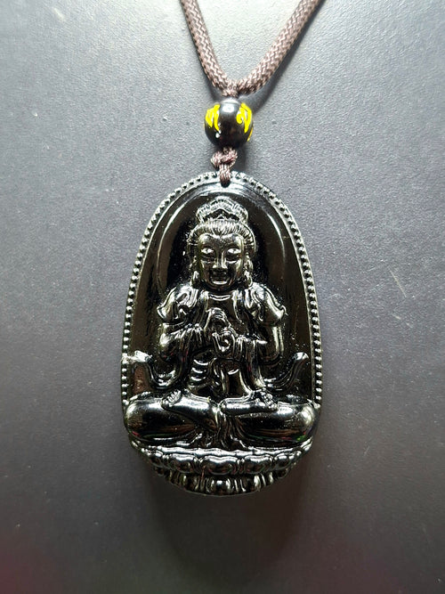 Black Obsidian Kwan Yin Pendant with Obsidian Bead Mala – A Sacred Blend of Peace, Protection, and Prosperity | Gemstone Mala | Birthday Gift