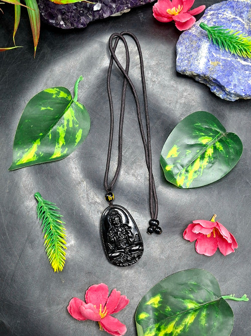 Black Obsidian Kwan Yin Pendant with Obsidian Bead Mala – A Sacred Blend of Peace, Protection, and Prosperity | Gemstone Mala | Birthday Gift