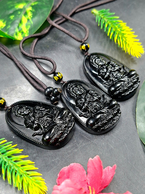 Black Obsidian Kwan Yin Pendant with Obsidian Bead Mala – A Sacred Blend of Peace, Protection, and Prosperity | Gemstone Mala | Birthday Gift