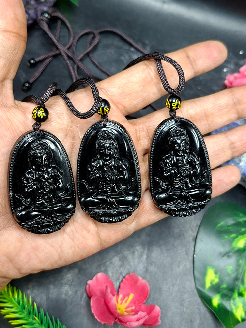 Black Obsidian Kwan Yin Pendant with Obsidian Bead Mala – A Sacred Blend of Peace, Protection, and Prosperity | Gemstone Mala | Birthday Gift