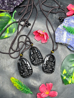 Black Obsidian Kwan Yin Pendant with Obsidian Bead Mala – A Sacred Blend of Peace, Protection, and Prosperity | Gemstone Mala | Birthday Gift