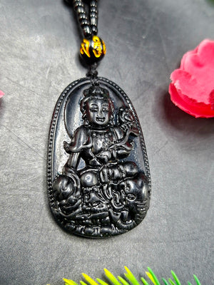 Black Obsidian Kwan Yin Pendant with Obsidian Bead Mala – A Divine Blend of Protection, Compassion, and Spiritual Harmony | Gemstone Mala | Birthday Gift