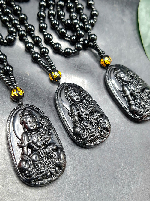Black Obsidian Kwan Yin Pendant with Obsidian Bead Mala – A Divine Blend of Protection, Compassion, and Spiritual Harmony | Gemstone Mala | Birthday Gift