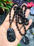 Black Obsidian Kwan Yin Pendant with Obsidian Bead Mala – A Divine Blend of Protection, Compassion, and Spiritual Harmony | Gemstone Mala | Birthday Gift