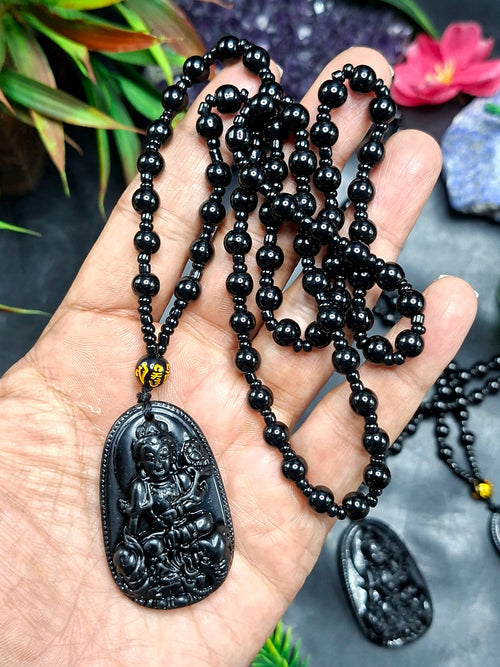 Black Obsidian Kwan Yin Pendant with Obsidian Bead Mala – A Divine Blend of Protection, Compassion, and Spiritual Harmony | Gemstone Mala | Birthday Gift