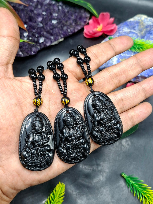 Black Obsidian Kwan Yin Pendant with Obsidian Bead Mala – A Divine Blend of Protection, Compassion, and Spiritual Harmony | Gemstone Mala | Birthday Gift