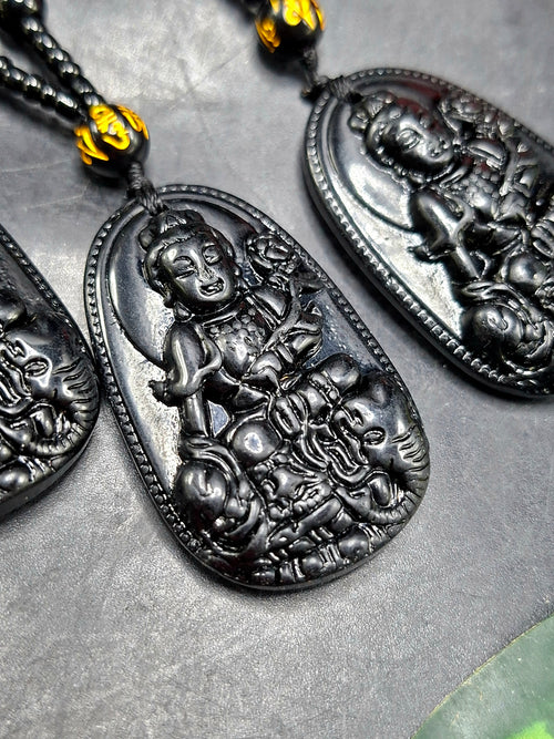 Black Obsidian Kwan Yin Pendant with Obsidian Bead Mala – A Divine Blend of Protection, Compassion, and Spiritual Harmony | Gemstone Mala | Birthday Gift