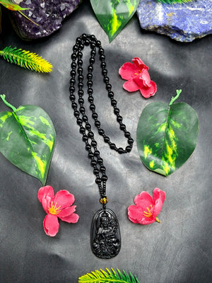Black Obsidian Kwan Yin Pendant with Obsidian Bead Mala – A Divine Blend of Protection, Compassion, and Spiritual Harmony | Gemstone Mala | Birthday Gift