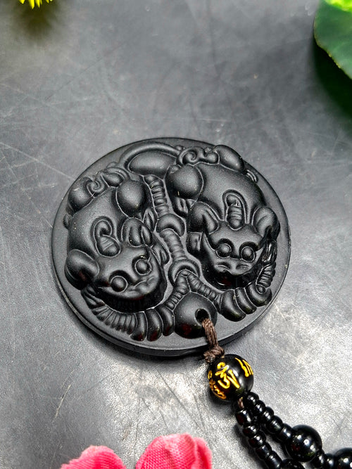 Black Obsidian Two Pixiu Pendant with Obsidian Bead Mala – A Symbol of Wealth, Protection, and Spiritual Growth | Gemstone Mala | Birthday Gift