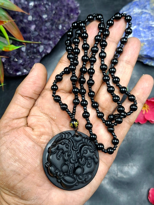 Black Obsidian Two Pixiu Pendant with Obsidian Bead Mala – A Symbol of Wealth, Protection, and Spiritual Growth | Gemstone Mala | Birthday Gift