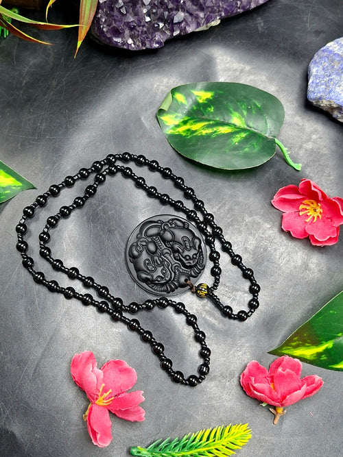 Black Obsidian Two Pixiu Pendant with Obsidian Bead Mala – A Symbol of Wealth, Protection, and Spiritual Growth | Gemstone Mala | Birthday Gift
